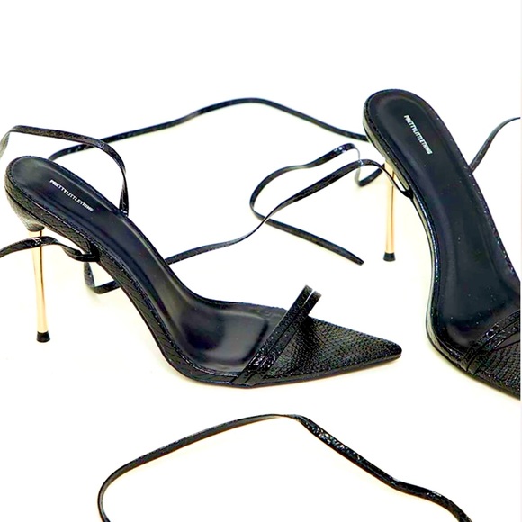 PrettyLittleThing Shoes - NEW PLT Black Vegan Leather Croc Double Strap Lace Up High Metal Heels 8